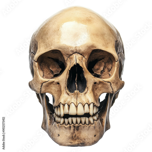 Detailed frontal view of a realistic human skull, showcasing intricate bone structure