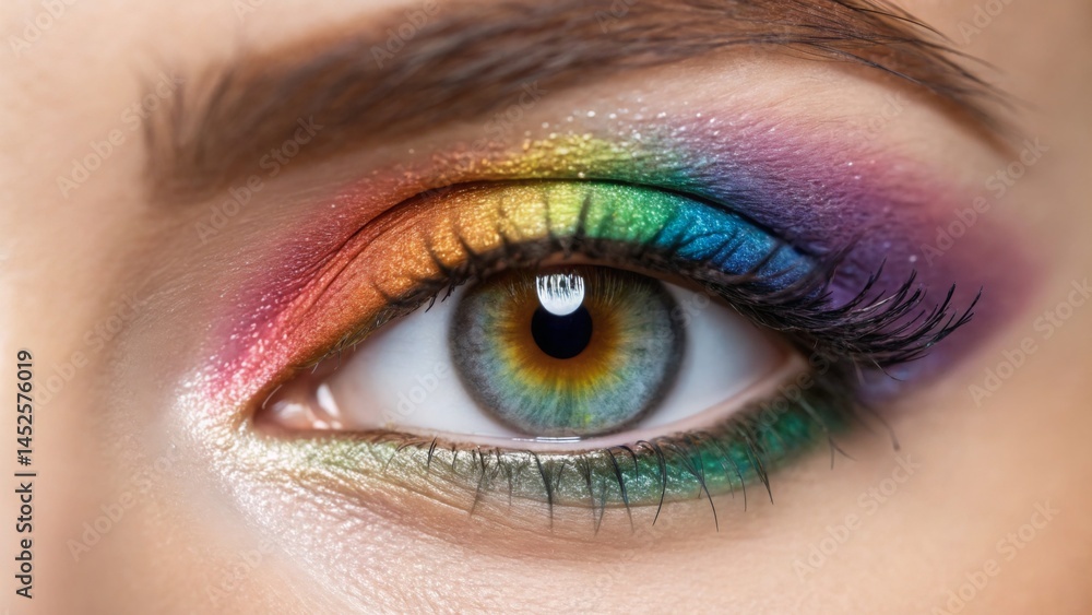 Pride Month concept, Vibrant makeup highlighting a close-up of a colorful eye with intricate details. Pride Month concept, Vibrant makeup highlighting a close-up of a colorful eye with intricate details.