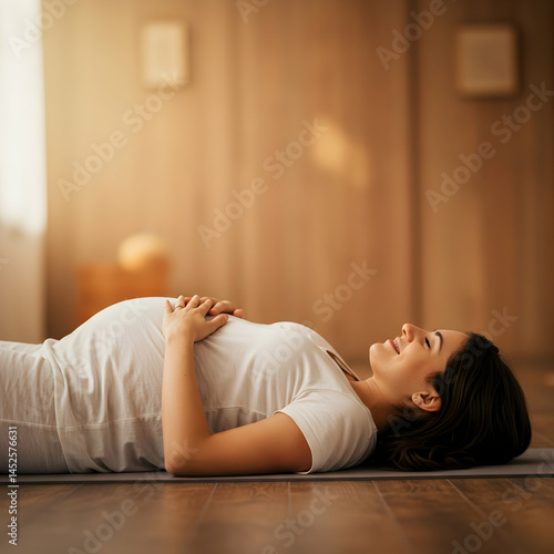 Pregnant woman lying on her back on a yoga mat with her hands resting on her stomach in a serene room