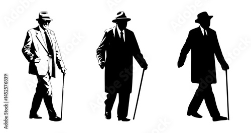 set of silhouettes of old people with sticks, isolated background