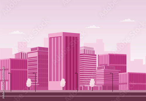 Modern Cityscape Vector – Urban Skyline with Skyscrapers, Office Buildings, and Minimalist Street Elements