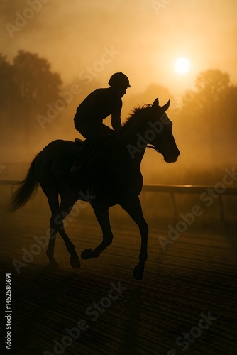 Majestic Silhouette of Jockey and Horse at Sunrise on a Race Track