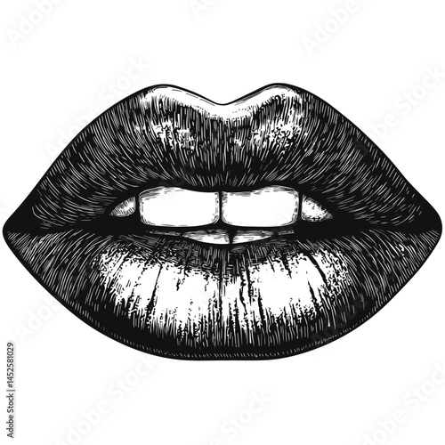 Engraved lips stamp, black sketch, vintage mouth illustration, hand drawn retro style, trendy tattoo flash, pop art mouth, monochrome vector, bold fashion icon