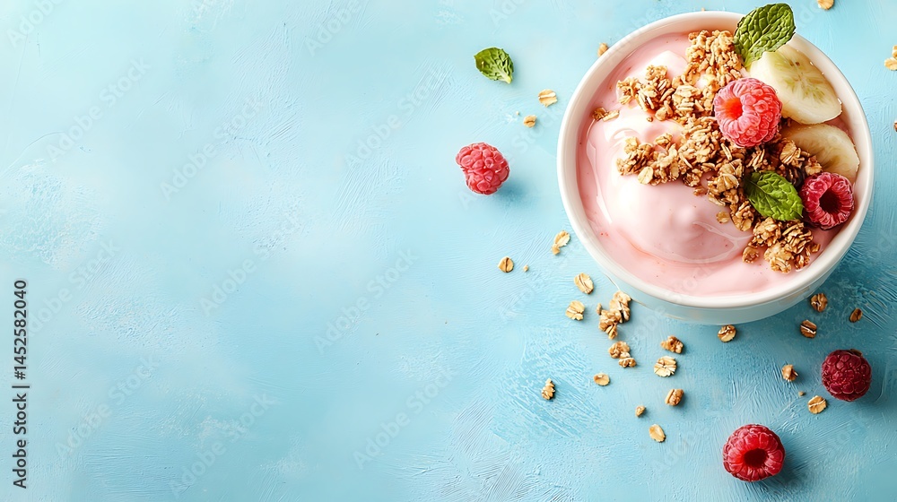 Delicious yogurt bowl with granola fresh fruits and mint bright background healthy snack Delicious yogurt bowl with granola fresh fruits and mint bright background healthy snack