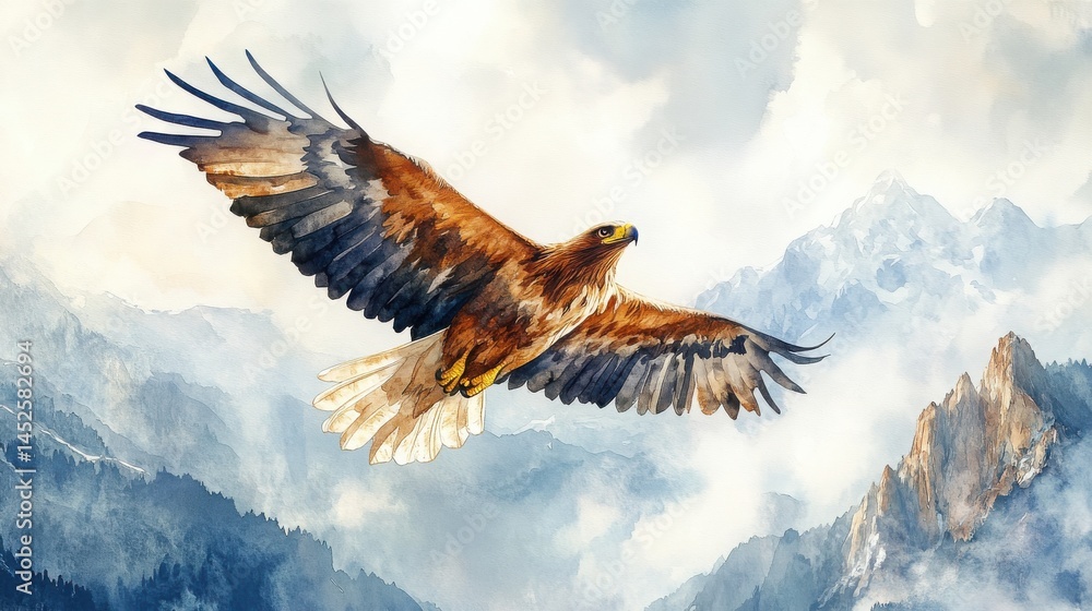 Obraz premium A majestic eagle soars above misty mountain peaks in a watercolor painting, capturing the freedom and beauty of nature.