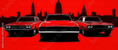 Classic Red Muscle Cars Silhouette