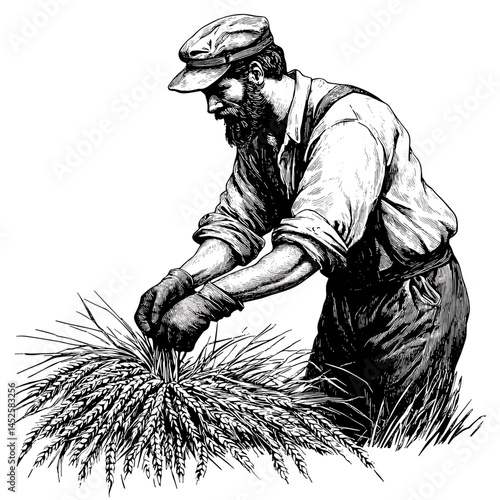 Vintage woodcut, man harvesting wheat, black sketch, traditional farming, old engraving style vector, rural worker illustration, classic artwork, hand-drawn field labor, rustic