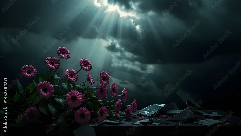 Fototapeta premium A still life composition featuring a bouquet of vibrant pink gerbera daisies against a backdrop of a dramatic, stormy sky with sunlight piercing through the clouds.
