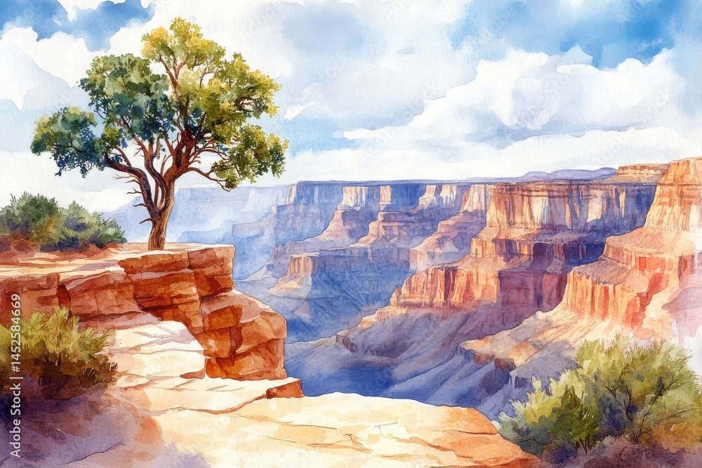 A lone tree stands on the rocky edge overlooking the vast, sunlit Grand Canyon with dramatic cliffs and a clear sky above.