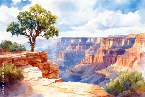 Obraz na płótnie A lone tree stands on the rocky edge overlooking the vast, sunlit Grand Canyon with dramatic cliffs and a clear sky above. w salonie