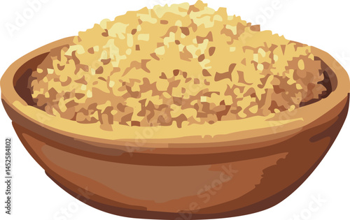 This is an illustration of a wooden bowl filled with light golden brown sugar, often used as a natural sweetener in various culinary dishes.