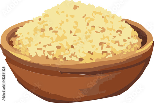 This is an illustration of a wooden bowl filled with light golden brown sugar, often used as a natural sweetener in various culinary dishes.