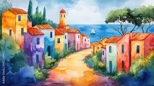 A colorful coastal village with vibrant houses, a lighthouse, trees, and a sailboat on the blue sea under a bright sky.