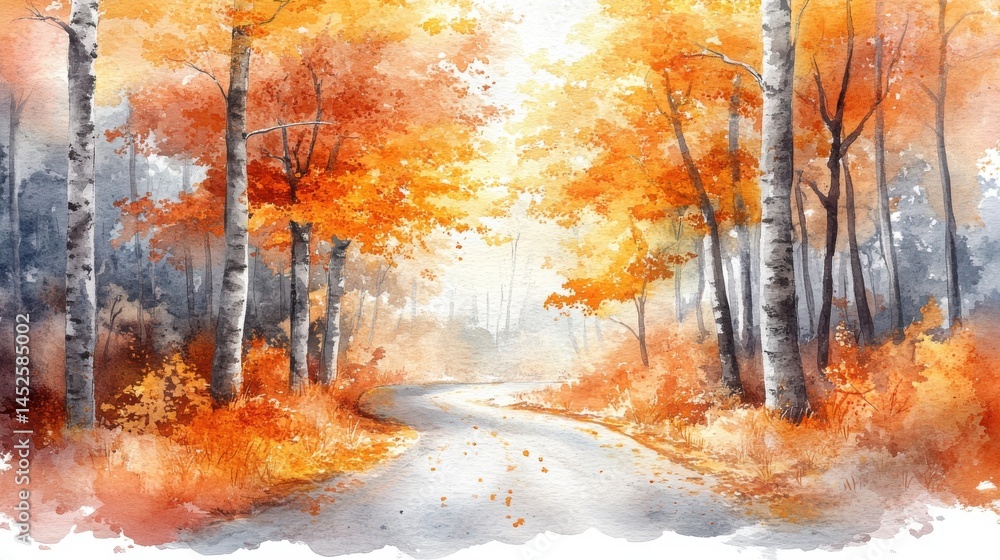 Naklejka premium A winding road passes through a serene autumn forest with vibrant orange and yellow foliage, painted in a watercolor style.