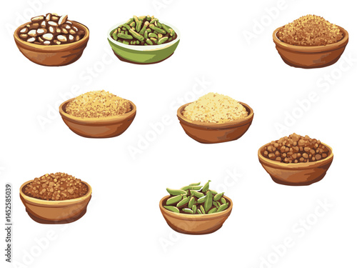 An assortment of various spices and grains displayed in rustic bowls, each filled with distinct textures and colors, suggesting a variety of culinary ingredients.
