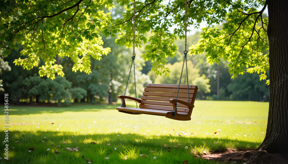 Fototapeta premium Wooden swing hanging under a tree in a sunny park 
