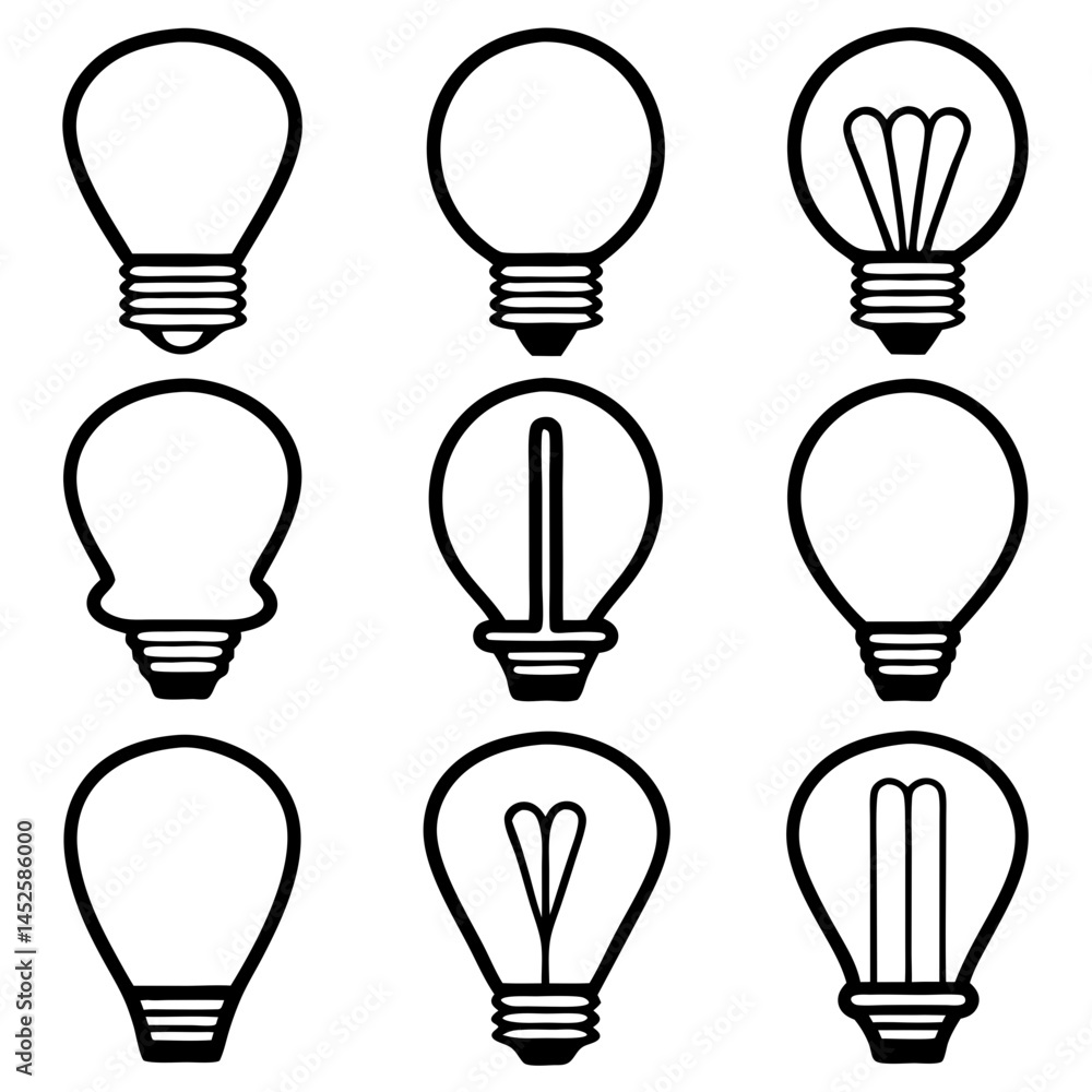 black bulb illustration, idea concept icon. Set of 9 Light Bulb Silhouettes vector illustration.. infographic , educational ,app, UI, website , minimal style web,print usage black bulb illustration, idea concept icon. Set of 9 Light Bulb Silhouettes vector illustration.. infographic , educational ,app, UI, website , minimal style web,print usage