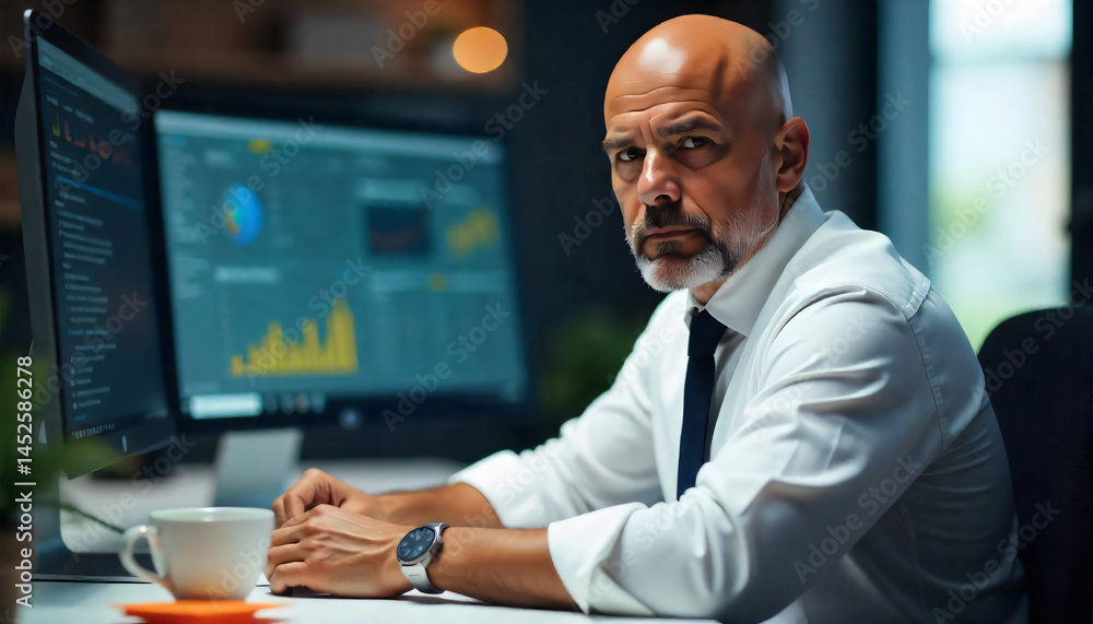 Professional call center agent at work, focused expression, modern office setting Professional call center agent at work, focused expression, modern office setting