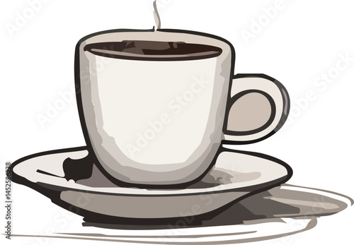 A stylized illustration of a steaming cup of coffee on a saucer, rendered in soft beige and brown tones with bold outlines, giving it a warm and cozy appearance.