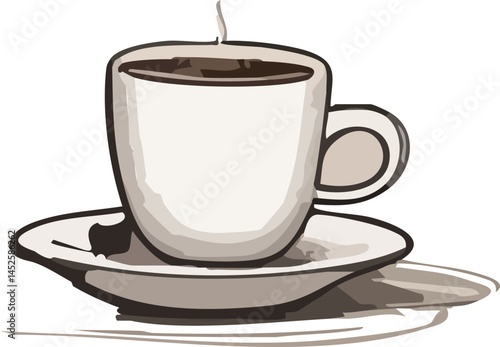 A stylized illustration of a steaming cup of coffee on a saucer, rendered in soft beige and brown tones with bold outlines, giving it a warm and cozy appearance.