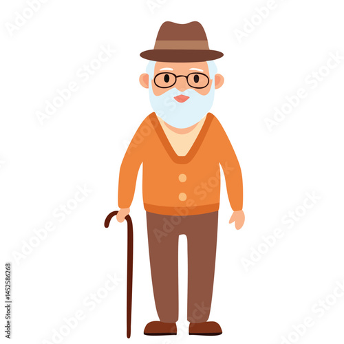 "Elderly Man with Glasses, Hat, and Cane"