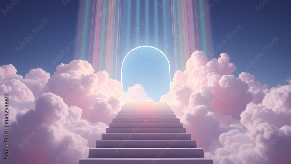 Surreal Staircase to Heaven Pastel Clouds, Celestial Light, and a Dreamlike Portal