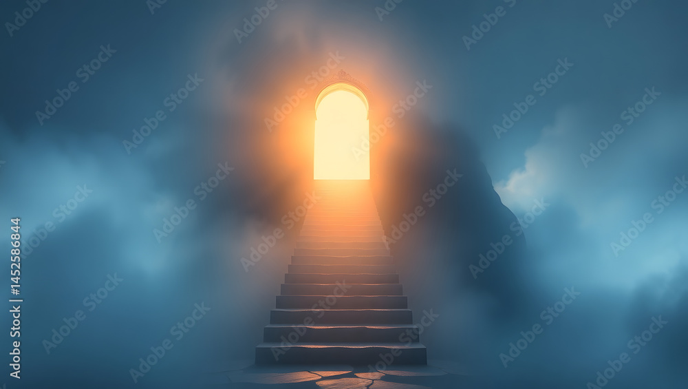 Luminous Staircase Ascending to a Glowing Archway in Misty Clouds