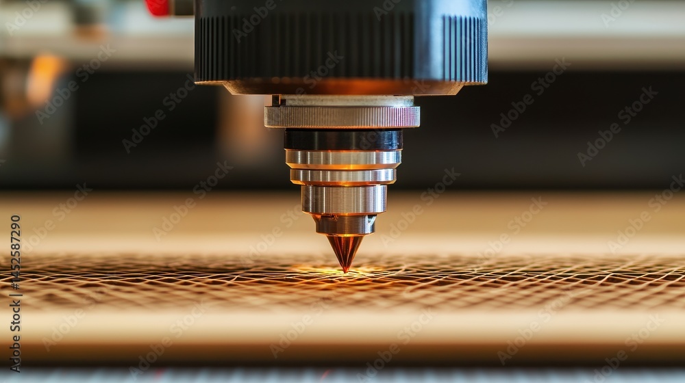 Laser Cutting Machine Engraving Wood Material in Close-Up View Laser Cutting Machine Engraving Wood Material in Close-Up View