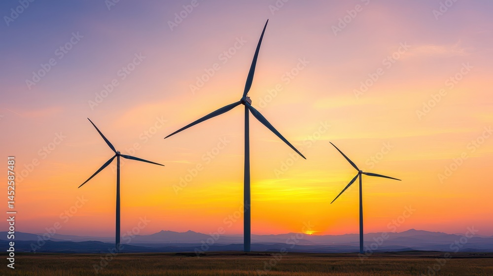Fototapeta premium Wind Turbines Against a Colorful Sunset in a Beautiful Landscape