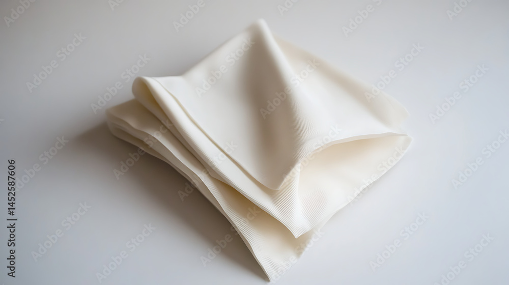 A folded square of white fabric resting on a light surface in soft lighting setup A folded square of white fabric resting on a light surface in soft lighting setup