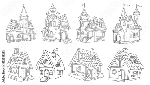 set of beautiful hand drawn princess castles and fairy  tale cottage house vector illustration