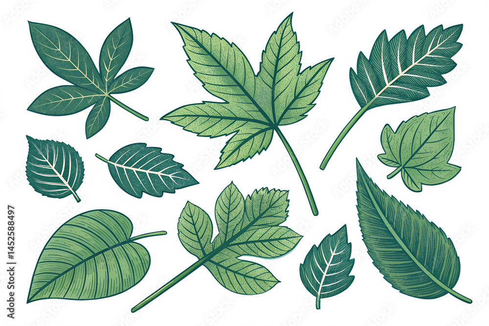 Diverse Green Leaves Botanical Illustration Set Perfect for Nature Designs and Projects Diverse Green Leaves Botanical Illustration Set Perfect for Nature Designs and Projects