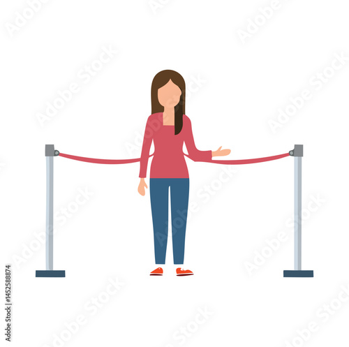 Woman Standing Behind Velvet Rope – Flat Vector Illustration