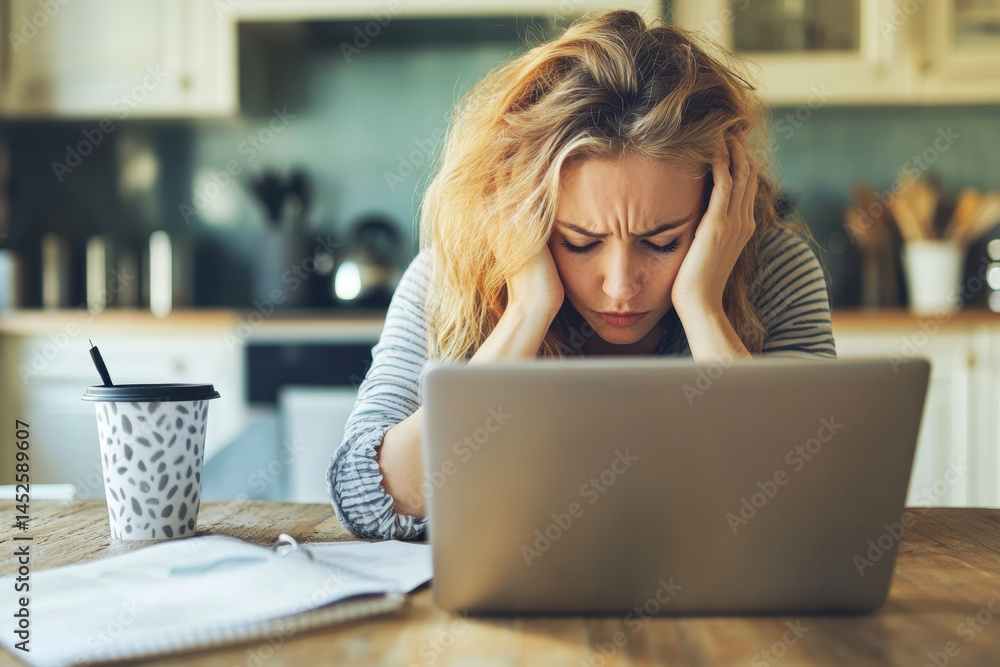 Fototapeta premium Woman sitting at table, focused on laptop, glances at phone.