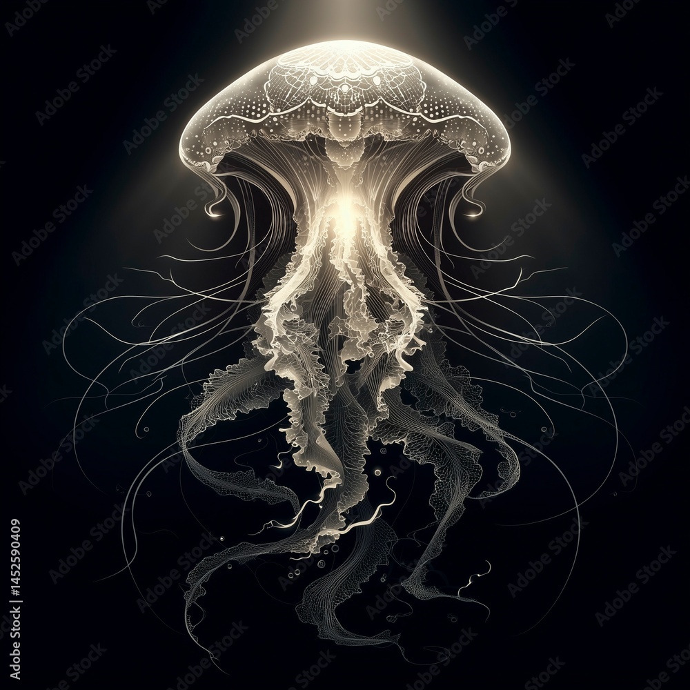 Abstract bioluminescent jellyfish glowing in the dark ocean, creating an ethereal and magical atmosphere. The deep blue color scheme adds to its enchanting allure. Ai generative