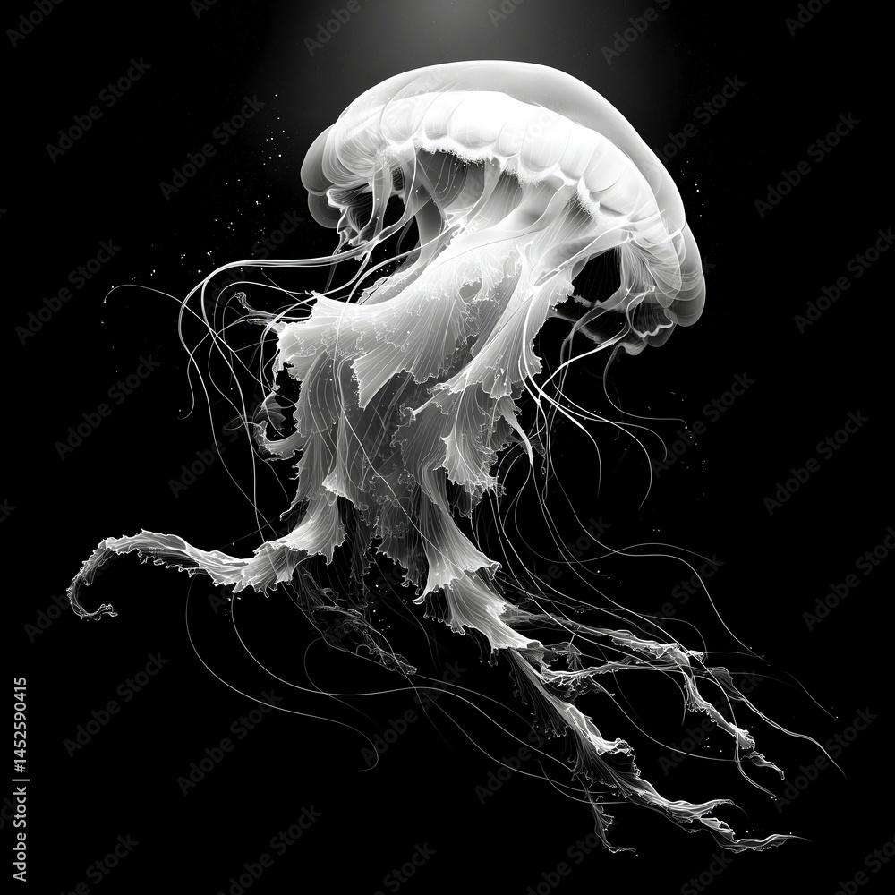 Abstract bioluminescent jellyfish glowing in the dark ocean, creating an ethereal and magical atmosphere. The deep blue color scheme adds to its enchanting allure. Ai generative