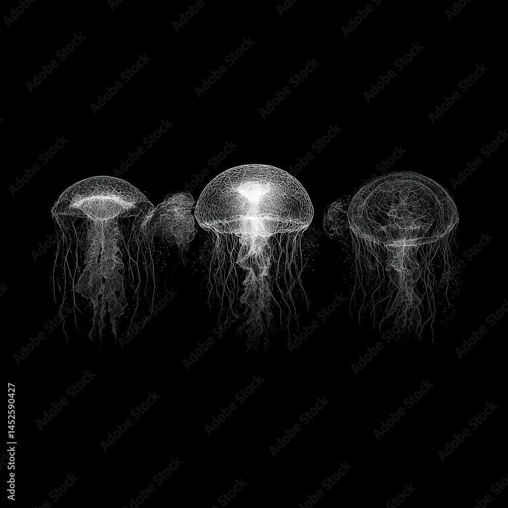 Abstract bioluminescent jellyfish glowing in the dark ocean, creating an ethereal and magical atmosphere. The deep blue color scheme adds to its enchanting allure. Ai generative