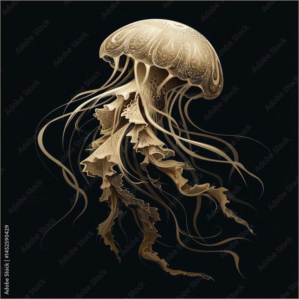 Abstract bioluminescent jellyfish glowing in the dark ocean, creating an ethereal and magical atmosphere. The deep blue color scheme adds to its enchanting allure. Ai generative