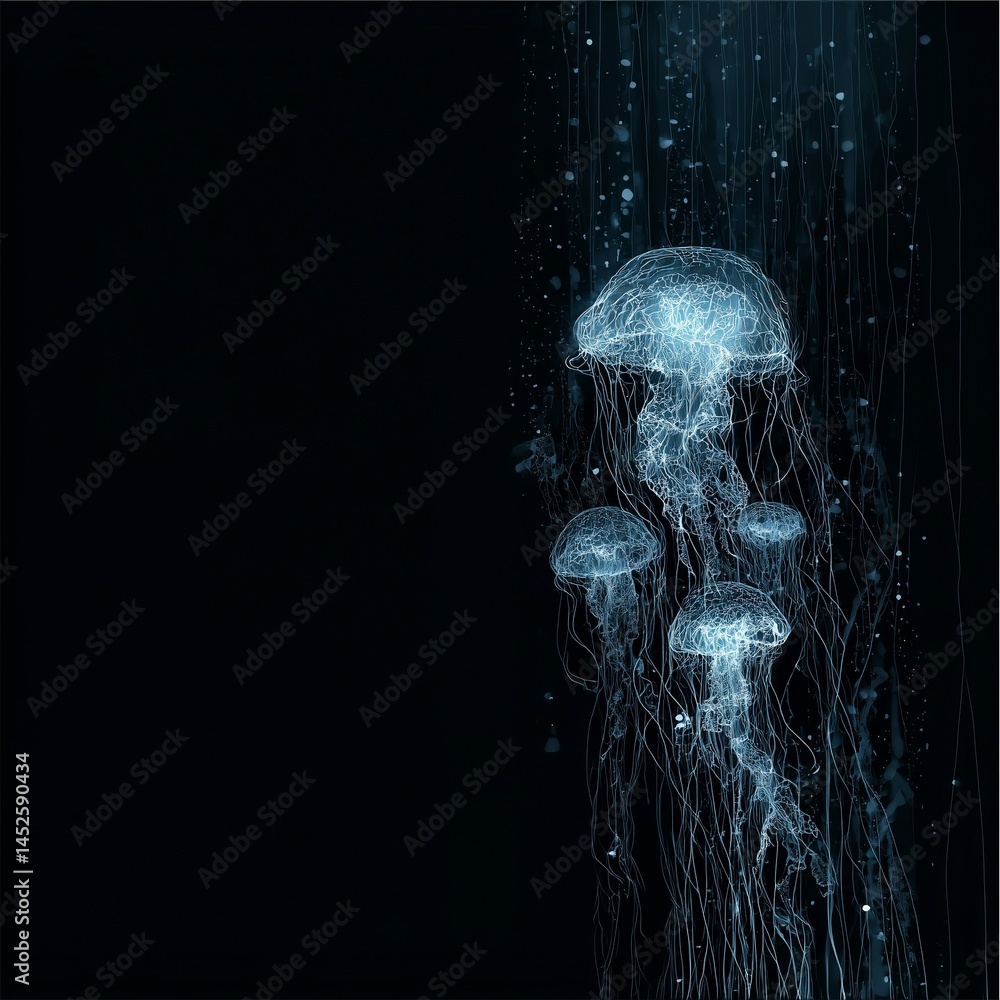 Abstract bioluminescent jellyfish glowing in the dark ocean, creating an ethereal and magical atmosphere. The deep blue color scheme adds to its enchanting allure. Ai generative