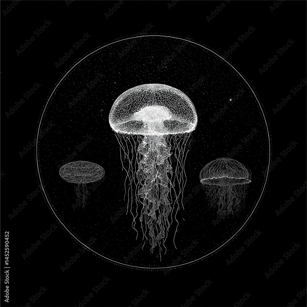 Abstract bioluminescent jellyfish glowing in the dark ocean, creating an ethereal and magical atmosphere. The deep blue color scheme adds to its enchanting allure. Ai generative