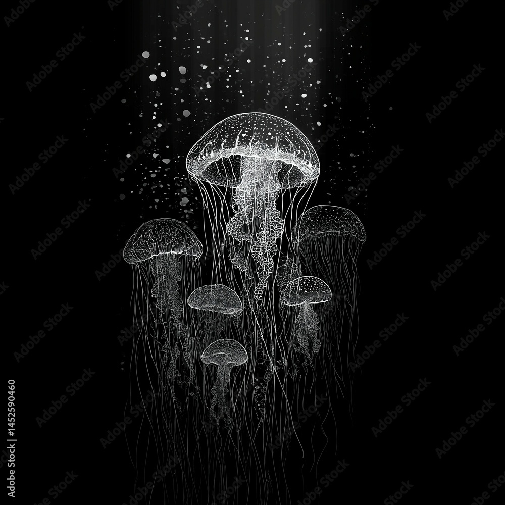 Abstract bioluminescent jellyfish glowing in the dark ocean, creating an ethereal and magical atmosphere. The deep blue color scheme adds to its enchanting allure. Ai generative
