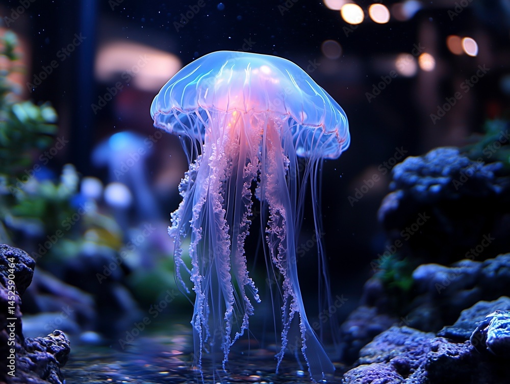 Abstract bioluminescent jellyfish glowing in the dark ocean, creating an ethereal and magical atmosphere. The deep blue color scheme adds to its enchanting allure. Ai generative