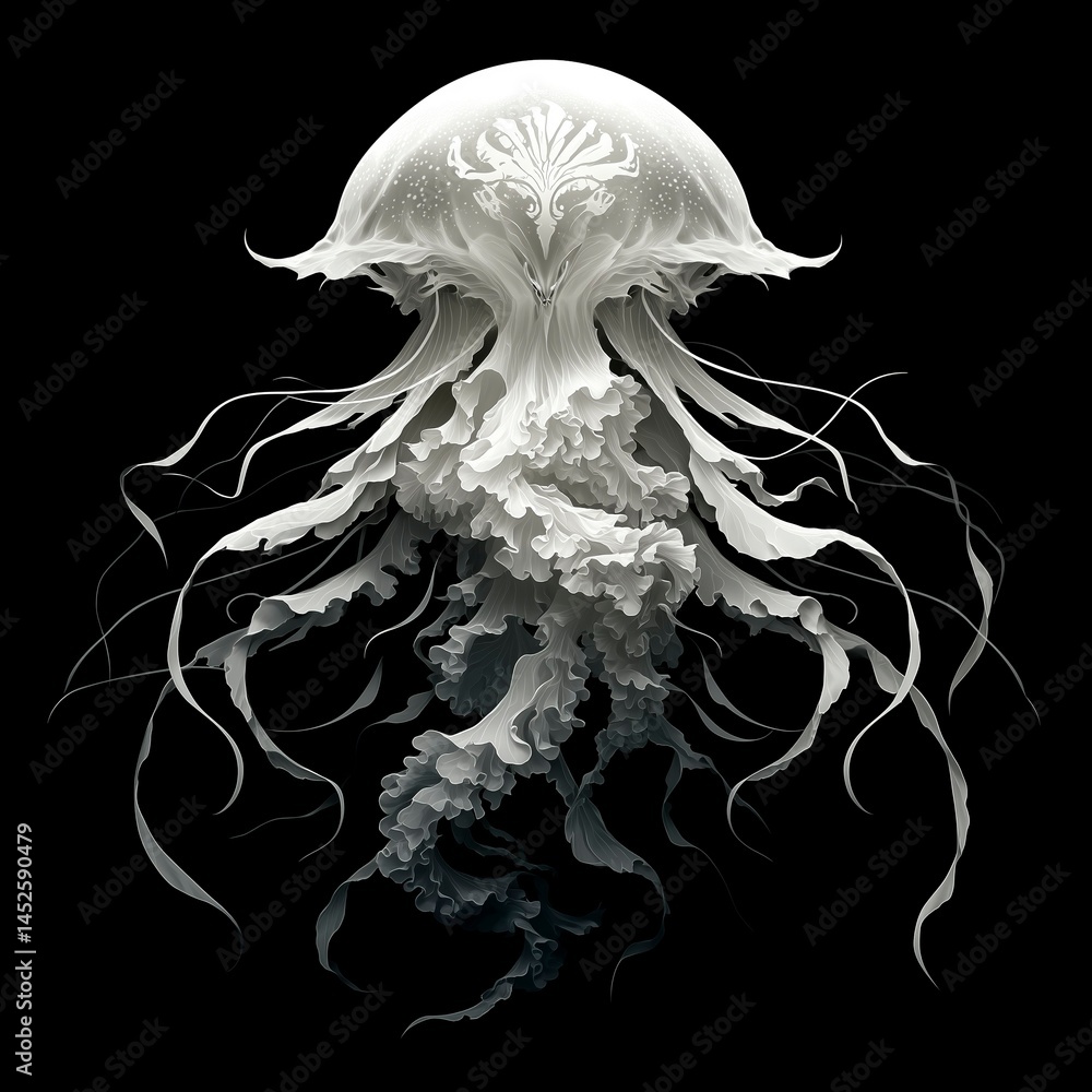 Abstract bioluminescent jellyfish glowing in the dark ocean, creating an ethereal and magical atmosphere. The deep blue color scheme adds to its enchanting allure. Ai generative