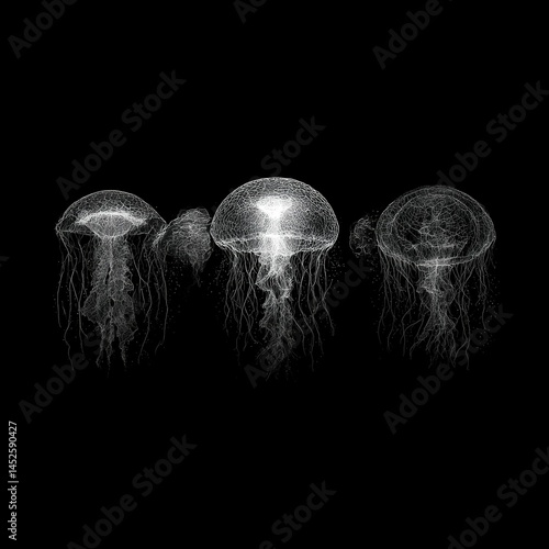 Obraz na płótnie Abstract bioluminescent jellyfish glowing in the dark ocean, creating an ethereal and magical atmosphere. The deep blue color scheme adds to its enchanting allure. Ai generative w salonie