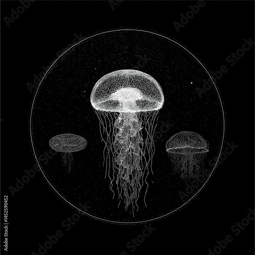 Obraz na płótnie Abstract bioluminescent jellyfish glowing in the dark ocean, creating an ethereal and magical atmosphere. The deep blue color scheme adds to its enchanting allure. Ai generative w salonie