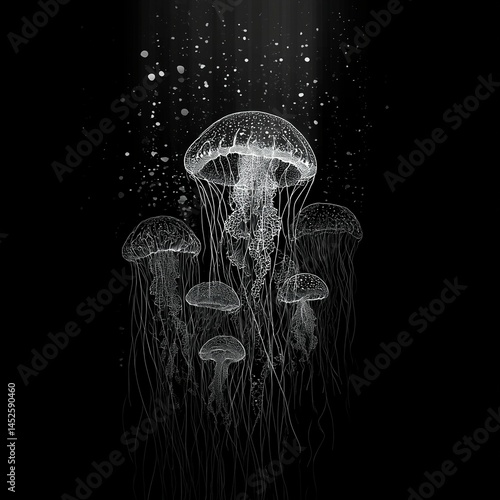 Abstract bioluminescent jellyfish glowing in the dark ocean, creating an ethereal and magical atmosphere. The deep blue color scheme adds to its enchanting allure. Ai generative