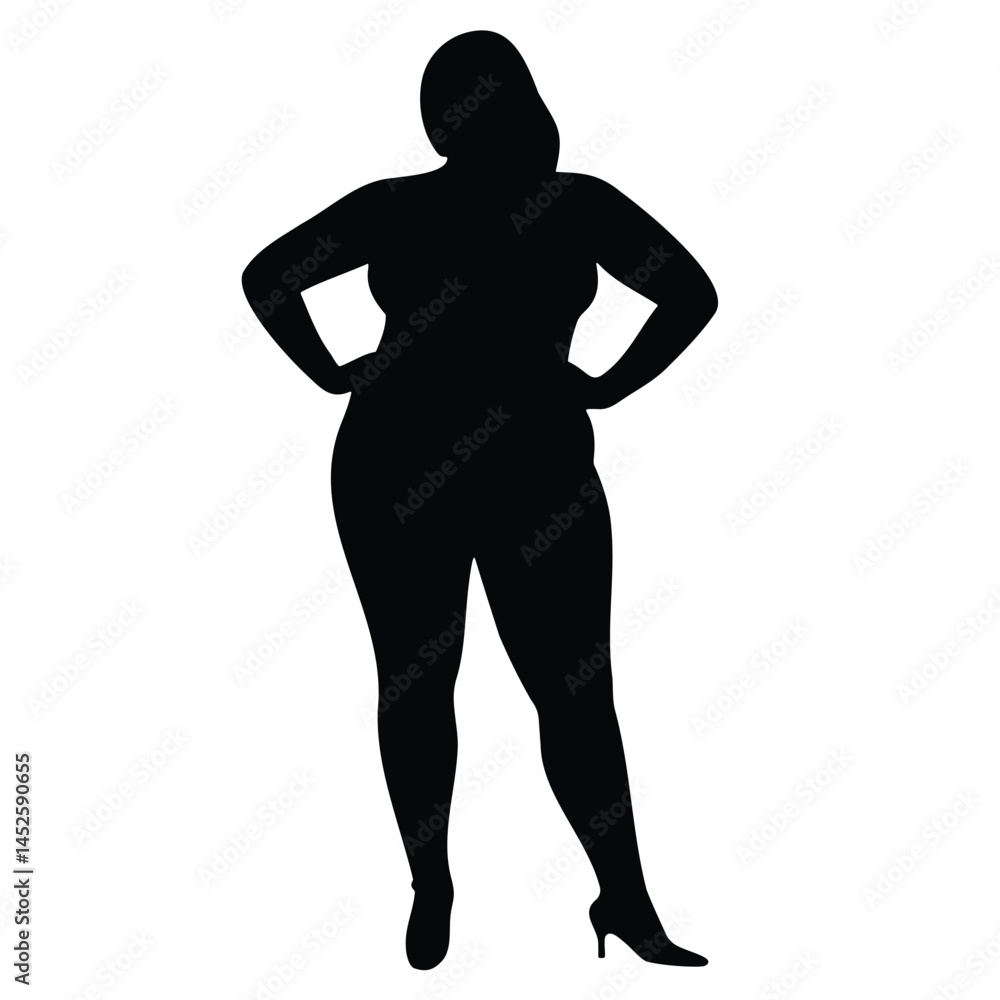 Curvaceous Woman Silhouette Standing Confidently in Heels against White Background Curvaceous Woman Silhouette Standing Confidently in Heels against White Background