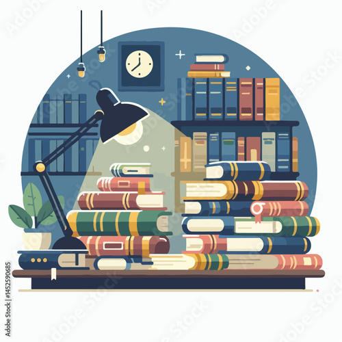 Cartoon illustration of a library with various books