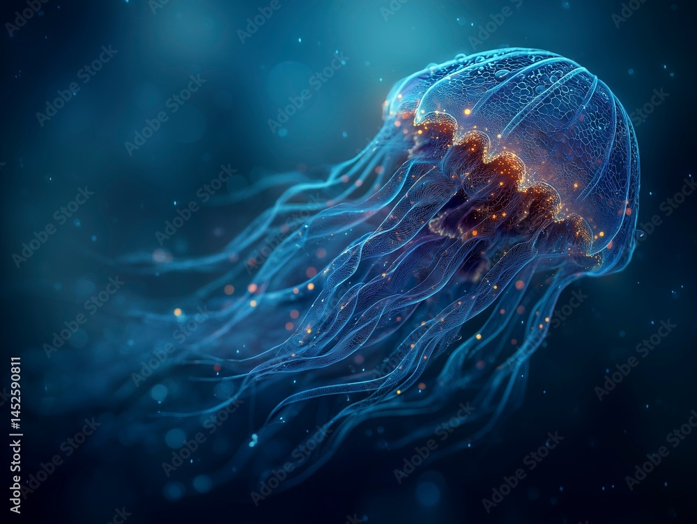 Abstract bioluminescent jellyfish glowing in the dark ocean, creating an ethereal and magical atmosphere. The deep blue color scheme adds to its enchanting allure. Ai generative