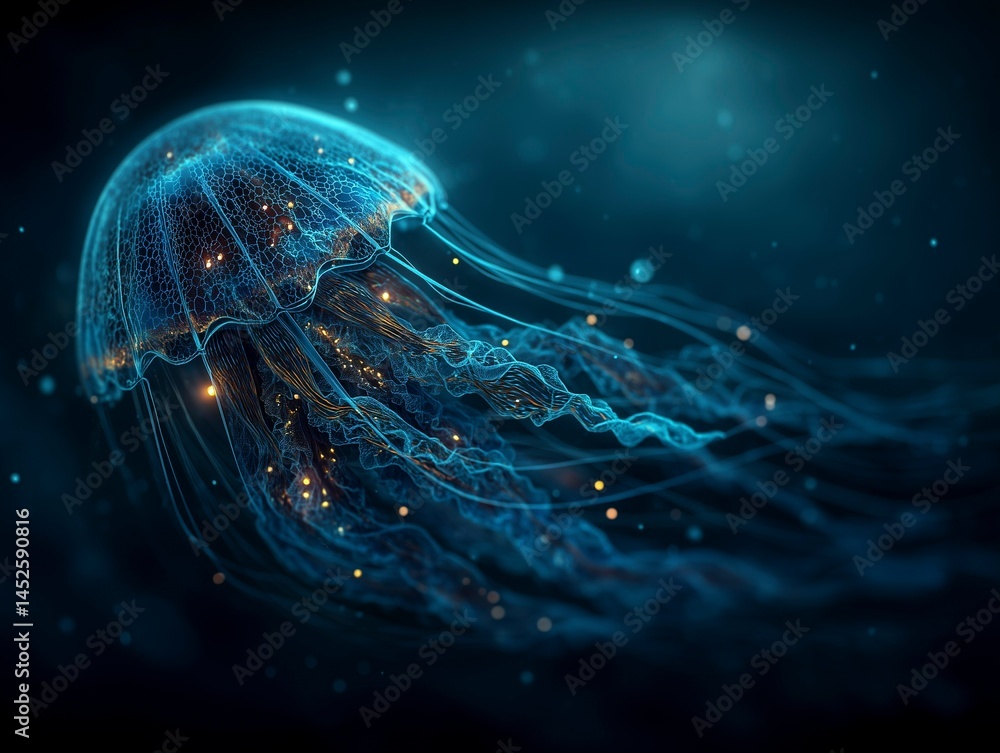 Abstract bioluminescent jellyfish glowing in the dark ocean, creating an ethereal and magical atmosphere. The deep blue color scheme adds to its enchanting allure. Ai generative